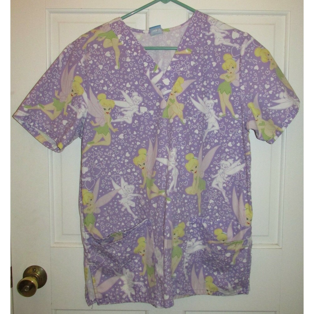 Disney Women's Tinkerbelle Purple Graphic Print Medical Nursing Scrub Top Size S